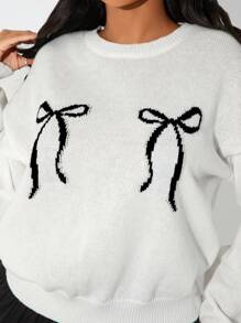 SHEIN SXY Thick Warm Bow Crew Neck Christmas Sweater, Autumn/Winter - White - View 3