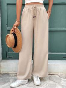 SHEIN Frenchy Women's Casual Plain Drawstring Waist Straight Leg Pants, Vacation, Suitable For Daily Wear,Elastic Waist Solid Color Loose Wide Leg Trousers - Apricot - View 3