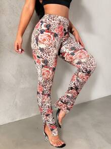 Zolique Women's Leopard & Flower Print Ruched Hem Leggings Fall Cloth For Women - Multicolor - View 4