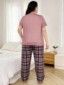 Dream Adore Plaid Heart Pattern Round Neck Long Sleeve & Long Pants Plus Size Pajama Set