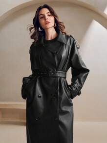 SHEIN X Lucía Bellido Anewsta Damen Angoramantel in Rot mit Knopfleiste, elegant moderner Stil für Frühling und Herbst - Schwarz - Übersicht 6