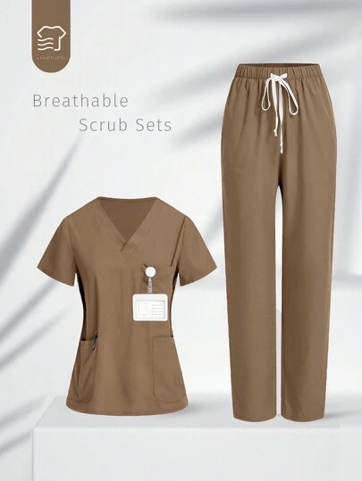 TaskEZ Uniform Set: V-Neck Short Sleeve Tailored Blouse And Drawstring Straight Leg Casual Pants, Scrub Sets