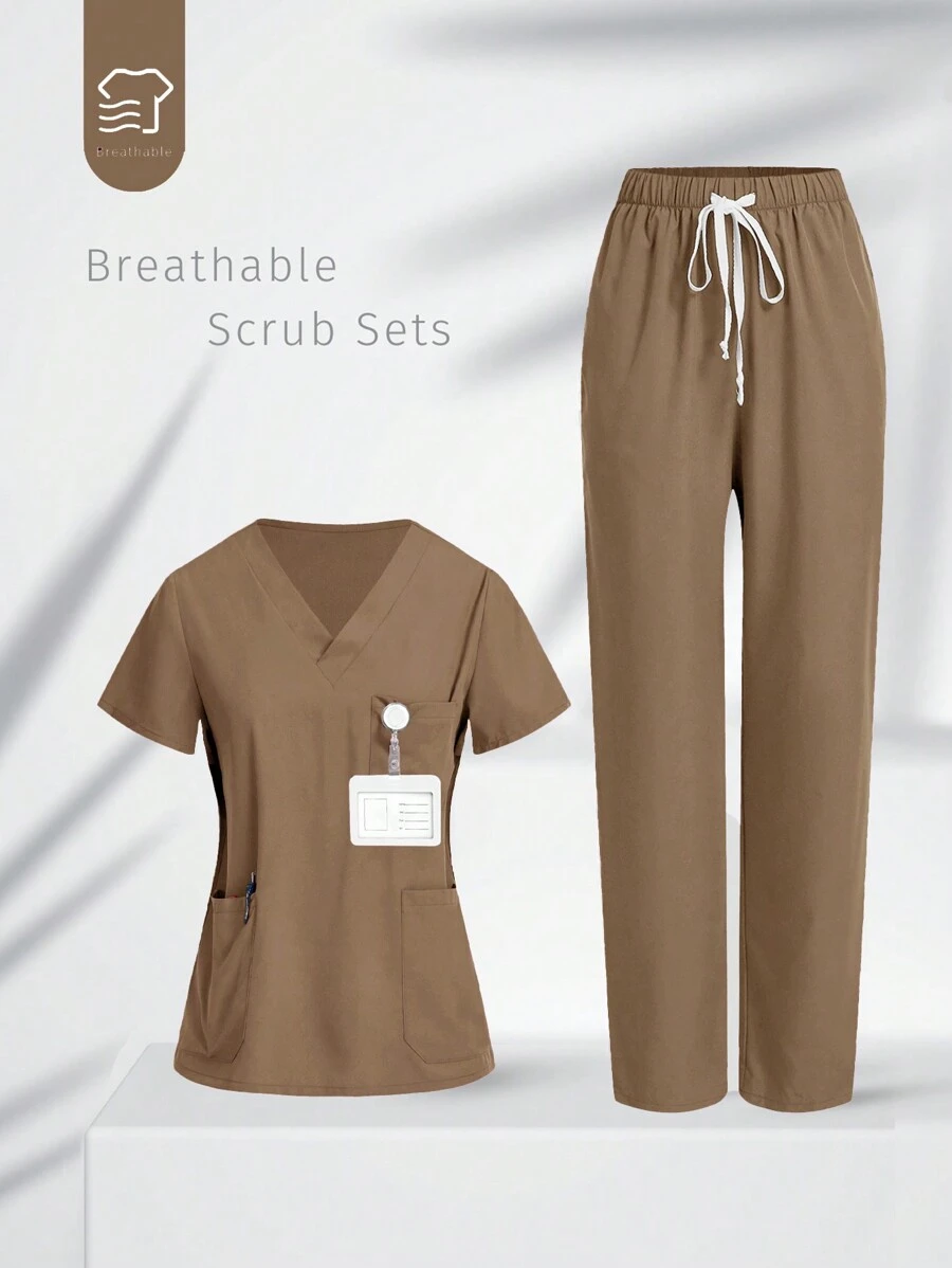 TaskEZ Uniform Set: V-Neck Short Sleeve Tailored Blouse And Drawstring Straight Leg Casual Pants, Scrub Sets - Khaki - View 1