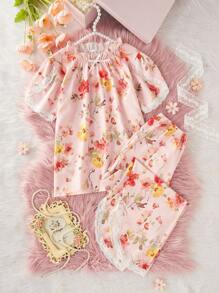 SHEIN 青少年女孩西瓜粉色花卉印花休闲宽松上衣和裤子两件套家居套装 - 西瓜粉 - 查看 1