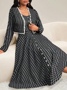 SHEIN Lady Herbstkleidung im Viersaonenlook Zwei-Teiler Herbstsets Elegante Damenkleider für Büroarbeit, Valentinstag, Ausgestellter Ausschnitt, Langarm, Neuer Fit, Damen Zweiteiler, Winterkleid Damen, Herbstoutfits Damen - Schwarz und Weiss - Übersicht 5