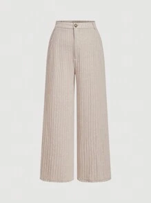 SHEIN MOD Pantalones anchos de talle alto y acanalados en talla grande color beige, apropiados para Año Nuevo, Día de San Valentín, citas, uso casual diario