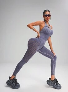 Innovista Combinaison de sport avec structure en filet respirante à effet denim lavé violet, contrôle du ventre et levage des fesses. Combinaisons pour femmes, tenues de sport, automne hiver - Prune - Voir 5