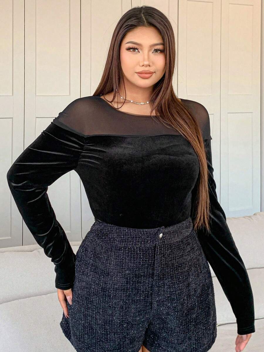 Dazy Petite Plus Bodycon Mesh Patchwork Elegant Long Sleeve T-Shirt, Black, Autumn/Spring - Black - View 1