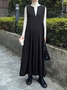 TrendSteals 女士无袖纯色连衣裙，秋冬季休闲装 - 黑色 - 查看 3