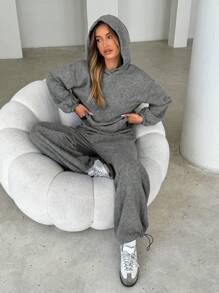 SHEIN Essnce 2 pièces/Set Femme Décontracté unicolore Épaule Tombante Manches Longues sweat-shirt à capuche & Pantalon Jambes Larges Set, Automne - Gris - Voir 6