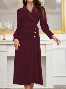 Modelyn 女士优雅纯色披肩领中长连衣裙，秋冬季长款晚礼服 - 酒紅色 - 查看 4