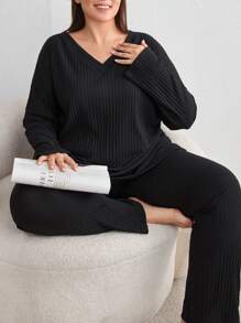 RueChic 2pcs Plus Size Cotton Button Detail Shirt And Long Bottom Homewear Lounge Set - Black - View 5