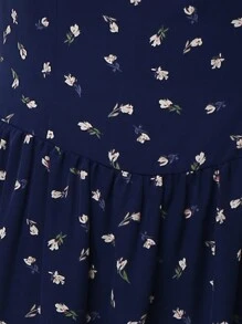 Sunnyshic 大码女式花卉印花方领灯笼袖连衣裙，简约风格 - 藏蓝色 - 查看 5