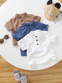 SHEIN Vintaside Kids 3件組 幼兒男嬰童裝 素色鈕扣半開領 藍白棕色 梭織夏季休閒家庭款短袖上衣 - 彩色 - 查看 2