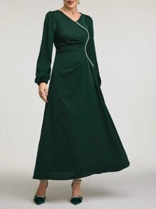 Modelyn Women's V-Neck Lantern Sleeve Pleated Elegant Arabian Modest Long Sleeve Dress Long Evening Dresses