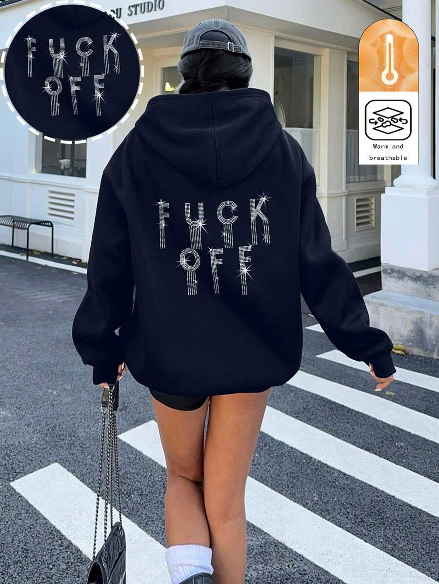 Flirla Women's Casual Everyday Rhinestone Letter Graphic Loose Hoodie Sweatshirt, Autumn Thermal Graduation,Back To School,Graduation,Teacher For Women,Back To School Pullover Fall Sweatshirt - Navy Blue - View 1