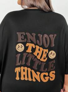 SHEIN CURVE+ Plus Size Casual "Enjoy The Little Things" Smiling Face Print Round Neck Short Sleeve Loose Fit T-Shirt For Women, Summer,Graphic Tee