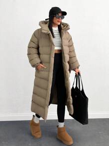 EURMUSE Zip Up Hooded Long Puffer Coat - Beige - View 1