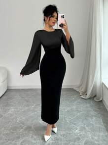 Elenzga Loose Round Neck Flared Long Sleeve Two-Tone Patchwork Elegant Black Dress - Black - View 6