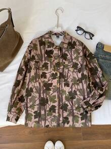 SHEIN EZwear Women's Street Style Tree Branch Patterned Turndown Collar Loose Long Sleeve Shirt Jacket - Green - View 6