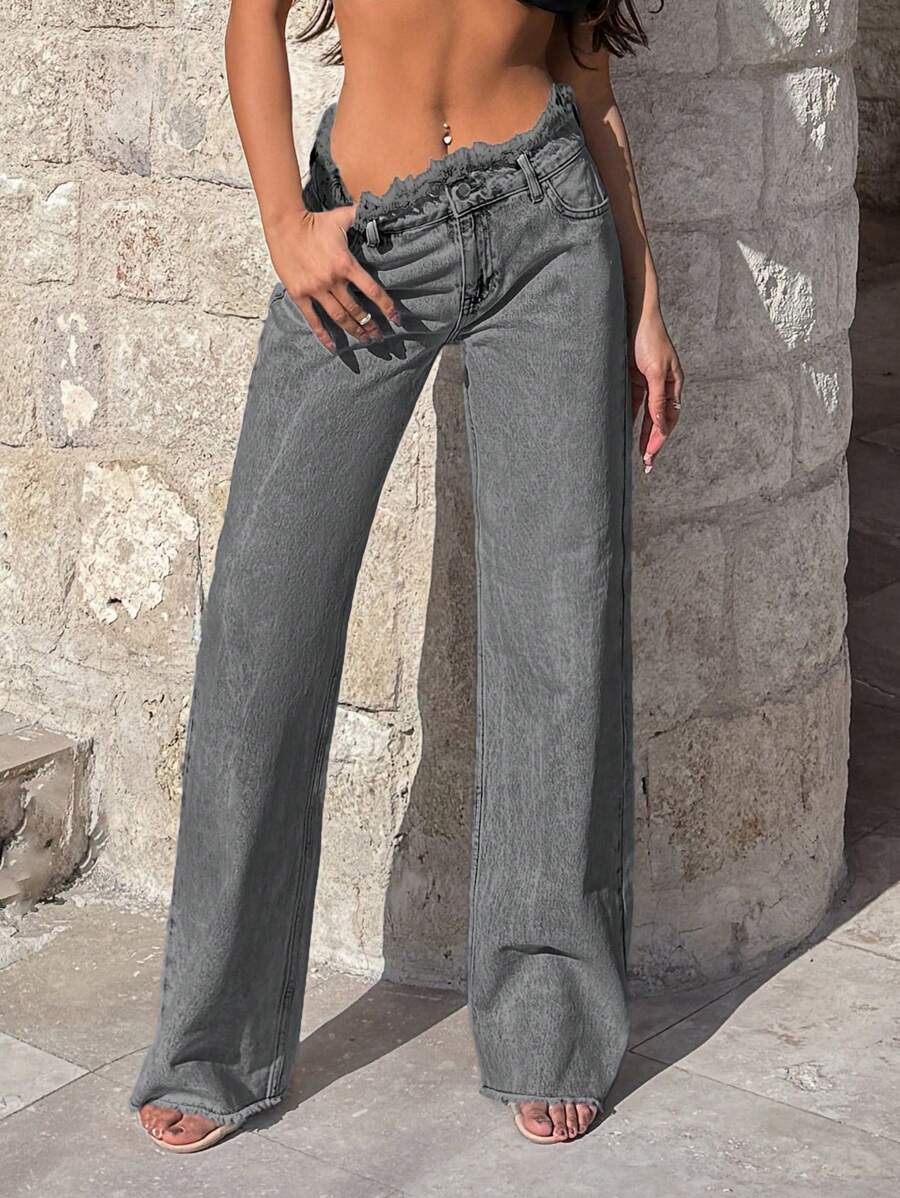 EURMUSE 100%Cotton Rigid, Belt Detailed Wideleg Fit - Grey - View 1