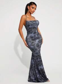 SHEIN SXY Damen Botanik Muster rückenfreies Kleid mit Bindedetail und Fishtail-Saum, figurbetont