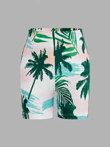 SHEIN 3pcs/Set Tween Boy Vacation Palm Tree Graphic Swimsuit, Swim Trunks & Hat - White - View 9