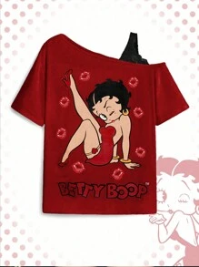 Betty Boop | ROMWE 大码卡通人物与唇印撞色蕾丝不对称领口落肩宽松 T 恤，夏季，图案 T 恤