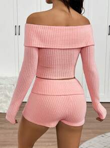 SHEIN EZwear 2pcs/Set Women Off-Shoulder Rib-Knit Thermal Lined Short Jumpsuit Fall Cloth For Women - Pink - View 2