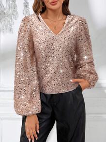 SHEIN Essnce Women's Long Sleeve V-Neck Sequin Top, Minimalist Fashion For Casual Everyday Wear, Holiday Top