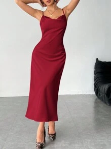 SHEIN PETITE Solid Color Swing Collar Long Satin Satin Suspender Burgundy Dress Suitable For Dates - Burgundy - View 7