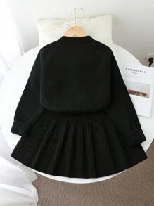 Conjunto de 2 piezas para niña preadolescente con jersey de punto con lazo elegante y falda de punto plisada, atuendo de invierno - Negro - Ver 2