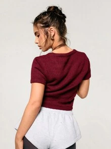 Athîral Women Casual Solid Color Slim Fit Short Sleeve Knit Top - Burgundy - View 2