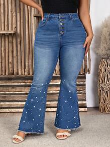 SHEIN LUNE Plus Size Women Pearl Decor Button Fly Flare Leg Jeans - Dark Wash - View 1
