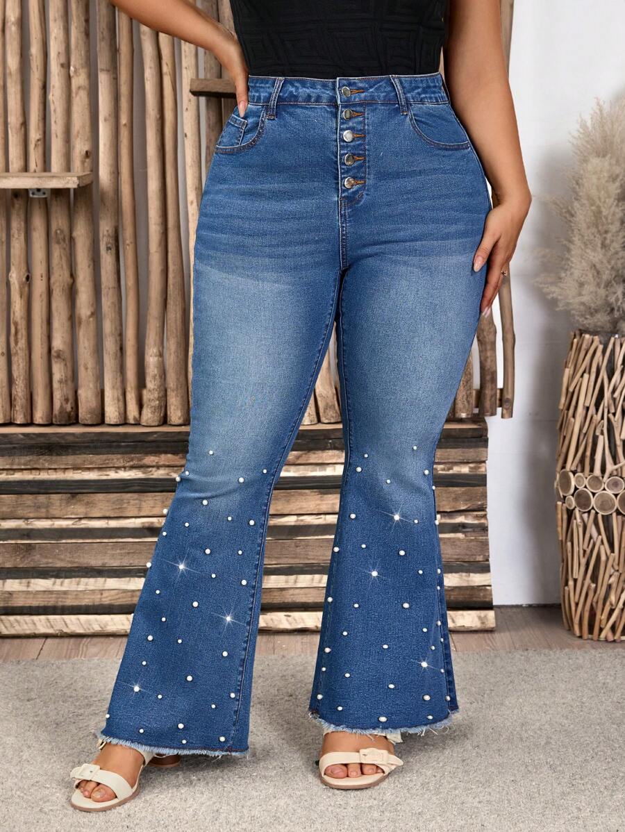SHEIN LUNE Plus Size Women Pearl Decor Button Fly Flare Leg Jeans - Dark Wash - View 1