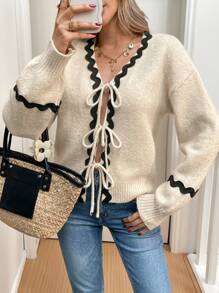 SHEIN Frenchy 女士波浪丝带前系带长袖开衫，休闲风格，秋冬 - 杏色 - 查看 4