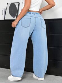 SHEIN ICON 高腰斜口袋寬腿牛仔褲+ - 淺色水洗藍 - 查看 2