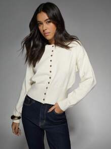MISSGUIDED Luxury Button Front Cardigan Classic Winter Fall Knit Sweater Long Sleeve Warm Fashion Essential Everyday Wear Lightweight Ribbed Cuff Design - White - View 1