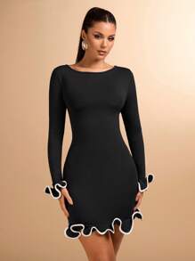 SHEIN BAE Women's Long-Sleeved Dress With Ruffles And Waves, Dating Outfit, Daily Travel, Autumn Inner Wear, Summer Wear - Black - View 5
