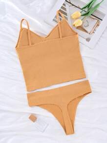 Simple Solid Color Lingerie Set: Camisole + G-String - Yellow - View 2