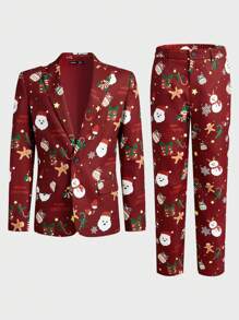 Manfinity VCAY Men's Casual Christmas Pattern Loose Long Sleeve Blazer & Pants, Woven Fabric, Everyday Wear Christmas Clothes Outfit - Red - View 11