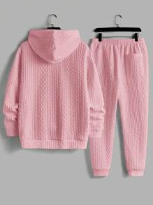 Manfinity VCAY 2pcs Men's Jacquard Pattern Slim Fit Casual Hoodie Set, Suitable For Autumn - Dusty Pink - View 2