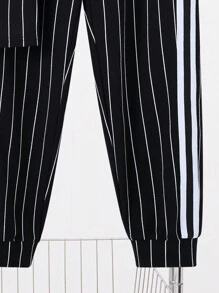 SHEIN Leap Crew 2pcs Set Teen Boy'sCasual Splicing Colour Collision Ribbons Black And White Vertical Stripes With Handwritten Letters In English Printed Round Neck Short Sleeve T-Shirt Trousers Two-Piece Set;Spring Wear; Teen Boys' Clothing; Teen Boy' Jackets, Spring Back To School - Black - View 5