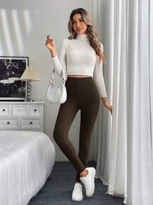 Easowa 女士高腰罗纹保暖休闲打底裤 四季皆宜，休闲款 - 咖啡棕 - 查看 6