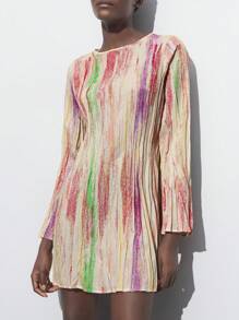 Maija Women's Beige Autumn Chic Tie Dye Mini Dress,Round Neck Flared Long Sleeve Pleated Back Buttoned Elegant Fashionable Casual Brunch Festival Resort - Yellow - View 2