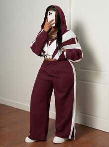 Slaydiva Plus Size Casual Sports Long Sleeve Crop Top And Pants 2 Pieces Set, Green And White, Autumn/Winter - Burgundy - View 1
