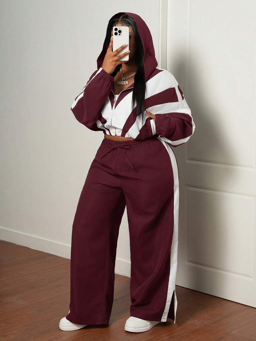 Slaydiva Plus Size Casual Sports Long Sleeve Crop Top And Pants 2 Pieces Set, Green And White, Autumn/Winter - Burgundy - View 1