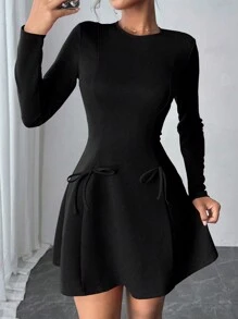 Chiquease 2024 New Structured Cut A-Line Mini Dress With Bow Decor & Back Zipper, Crew Neck, Tense, Red Fall Cloth For Women - Black - View 6