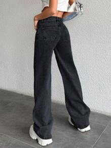 RueChic 100% 纯棉女式高腰直筒牛仔裤 - 深灰色 - 查看 2