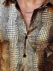 Manfinity AFTRDRK 男士纹理长袖单排扣时尚衬衫，秋季 - 金色 - 查看 3